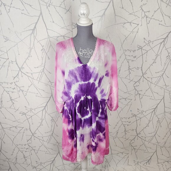 India Boutique Pink Purple Tie Dye Print Cinch Waist Beach Cover Tunic - Picture 1 of 8